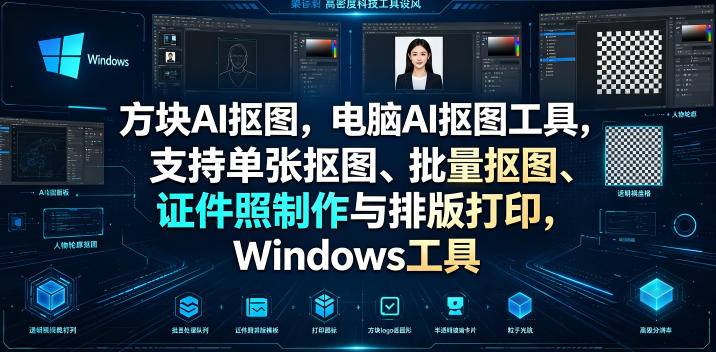 方块AI抠图，电脑AI抠图工具，支持单张抠图、批量抠图、证件照制作与排版打印，Windows工具-985网创