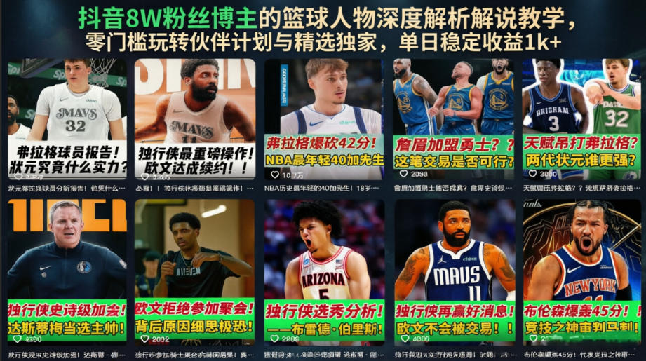 抖音8W粉丝博主的篮球人物深度解析解说教学，零门槛玩转伙伴计划与精选独家，单日稳定收益1k+-985网创