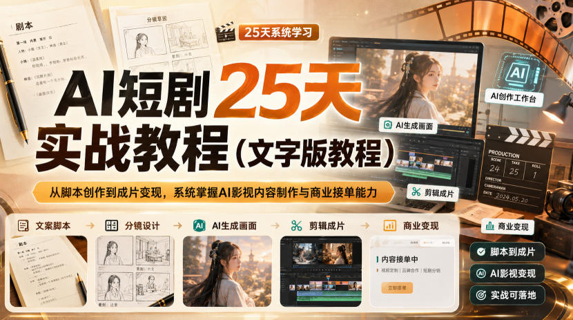 AI短剧25天实战教程(文字版教程)，从脚本创作到成片变现，系统掌握AI影视内容制作与商业接单能力-985网创