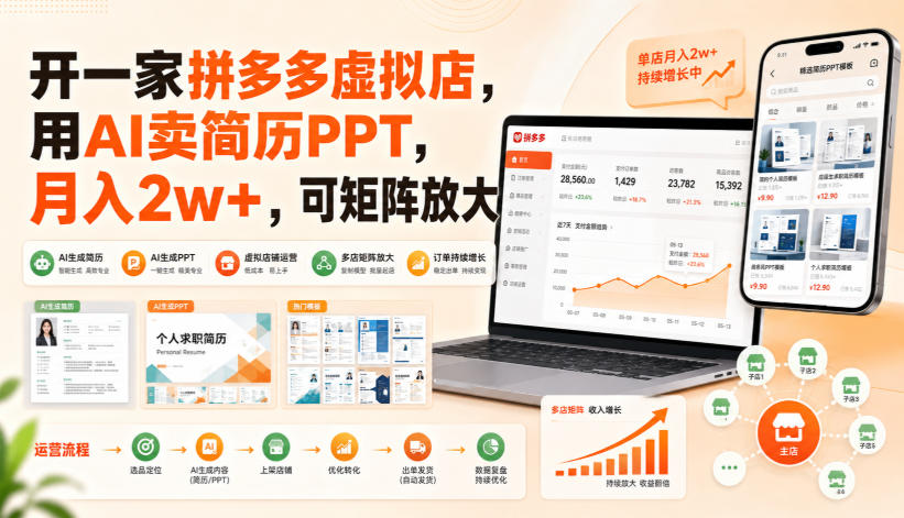 开一家拼多多虚拟店，用AI卖简历PPT，月入2w+，可矩阵放大【揭秘】-985网创
