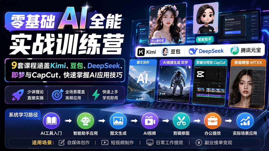零基础AI全能实战训练营：9套课程涵盖Kimi、豆包、DeepSeek、即梦与CapCut，快速掌握AI应用技巧-985网创