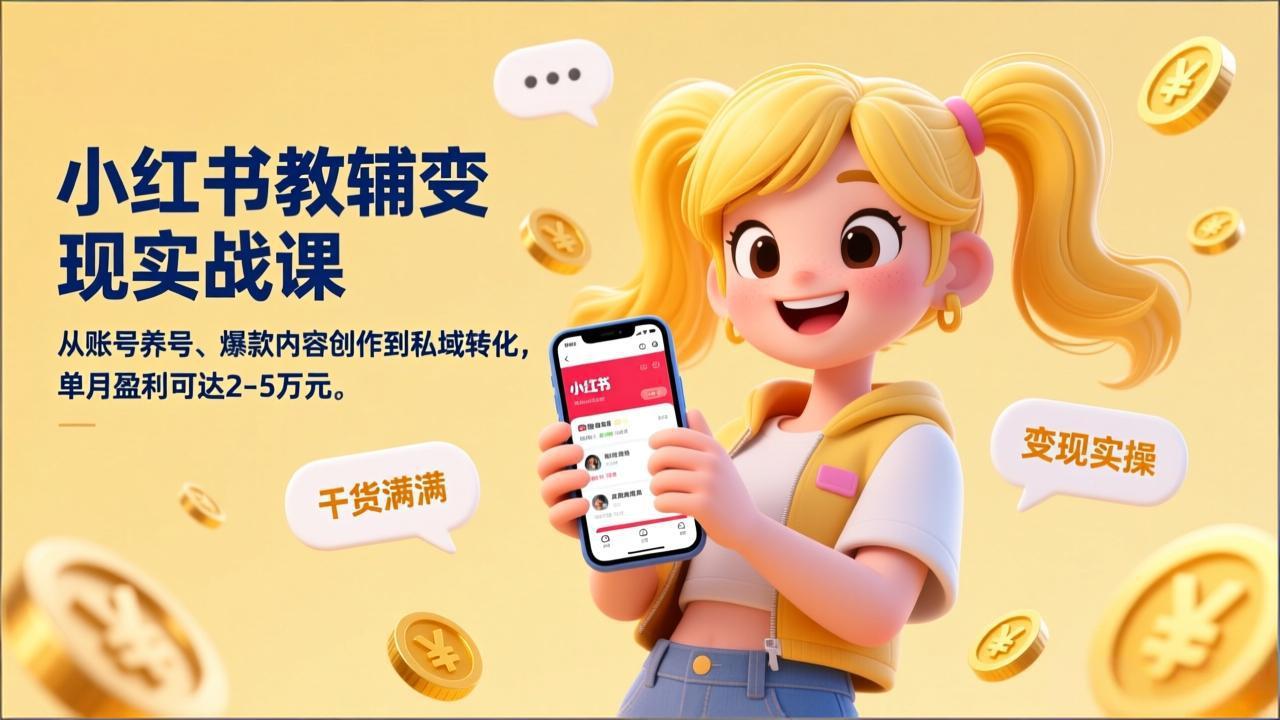 小红书教辅变现实战课，从账号养号、爆款内容创作到私域转化，单月盈利可达2-5万元-985网创