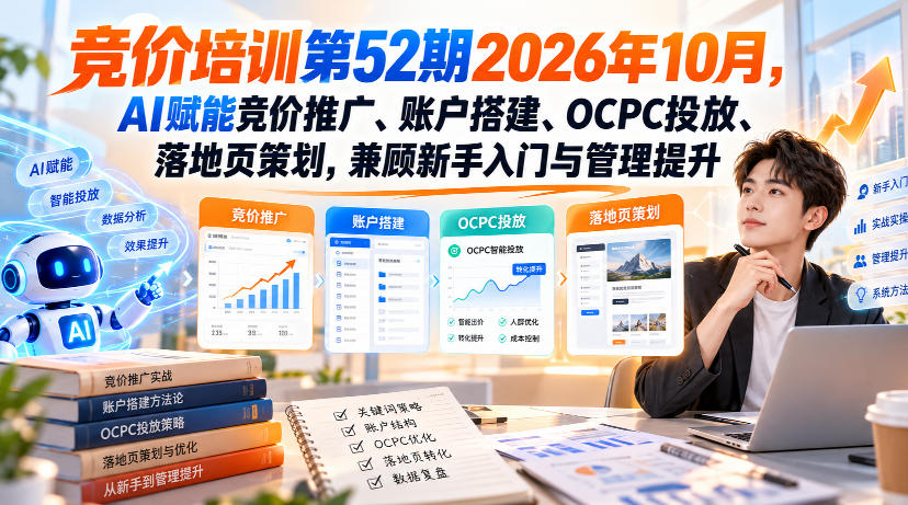 【无水印】竞价培训第52期2026年10月，AI赋能竞价推广、账户搭建、OCPC投放、落地页策划，兼顾新手入门与管理提升-985网创