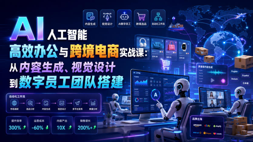 AI人工智能高效办公与跨境电商实战课：从内容生成、视觉设计到数字员工团队搭建-985网创