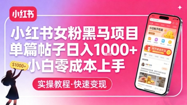 小红书女粉黑马项目，单篇帖子日入1k+，小白零成本上手-985网创