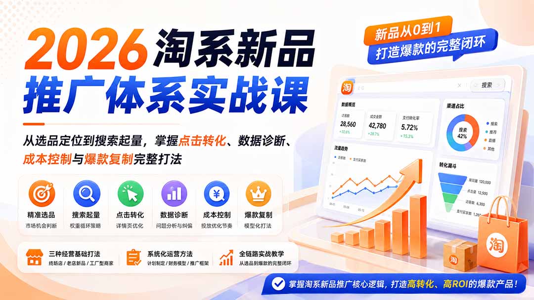 2026淘系新品推广体系实战课：从选品定位到搜索起量，掌握点击转化、数据诊断、成本控制与爆款复制完整打法-985网创