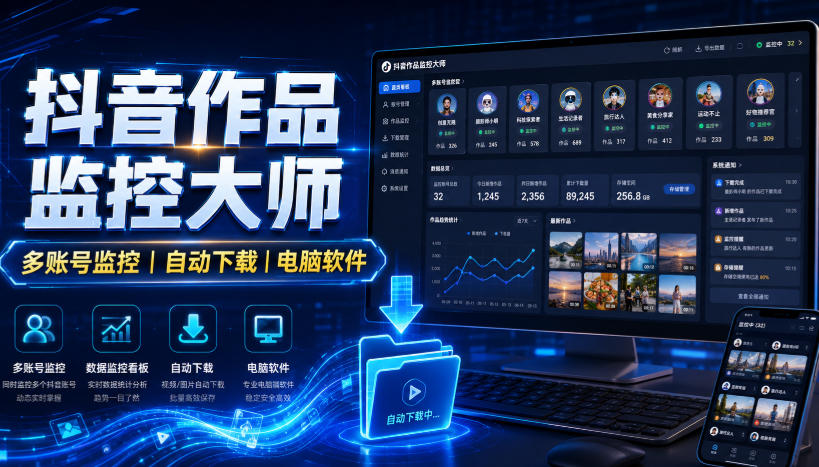 抖音作品监控大师，多账号监控丨自动下载丨电脑软件-985网创