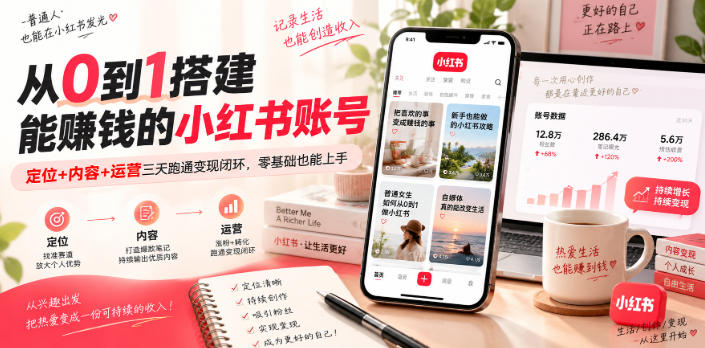 从0到1搭建能賺钱的小红书账号，定位+内容+运营三天跑通变现闭环-985网创