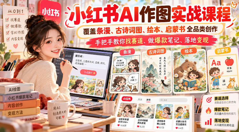 小红书AI作图实战课程，覆盖条漫、古诗词图、绘本、启蒙书全品类创作，手把手教你找赛道、做爆款笔记、落地变现(更新1017)-985网创