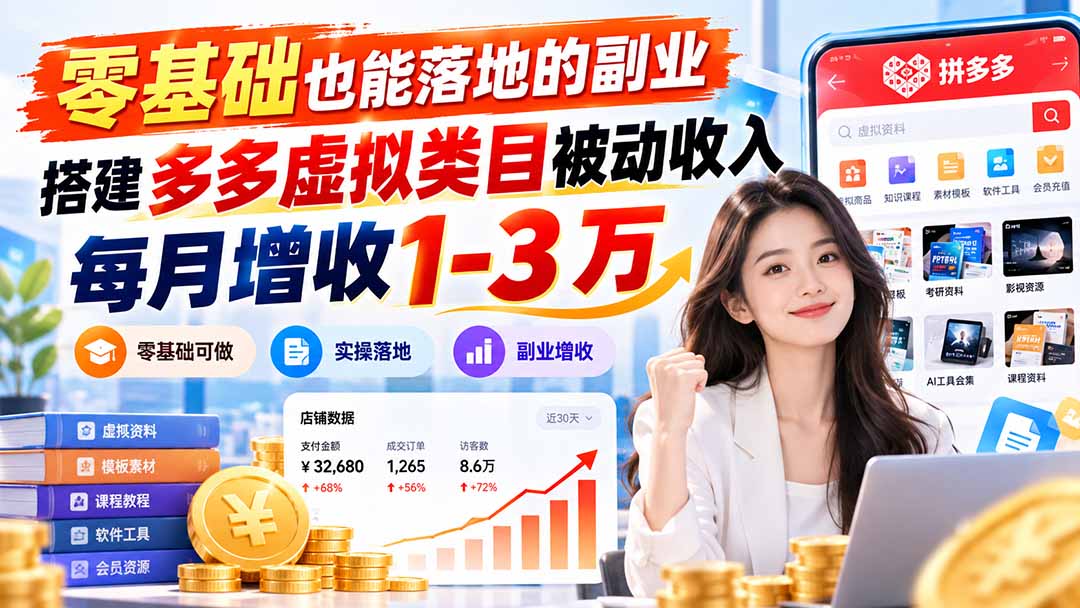 零基础也能落地的副业，搭建多多虚拟类目被动收入，每月增收 1-3 万-985网创