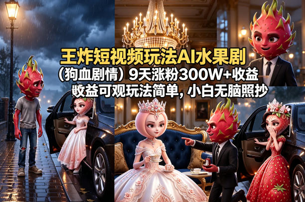 王炸短视频玩法AI水果剧(狗血剧情)9天涨粉300W+收益可观玩法简单，小白无脑照抄，详细拆解玩法-985网创