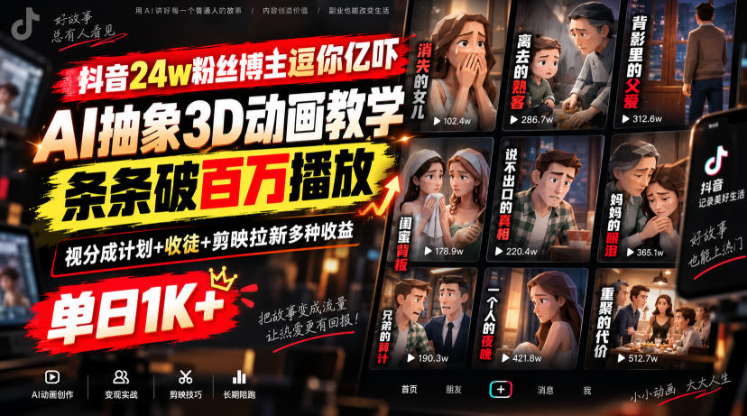 抖音24w粉丝博主逗你亿吓AI抽象3D动画教学，条条破百万播放，分成计划+收徒+剪映拉新多种收益，单日1K+-985网创