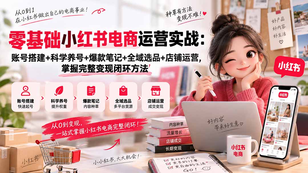 零基础小红书电商运营实战：账号搭建+科学养号+爆款笔记+全域选品+店铺运营，掌握完整变现闭环方法-985网创