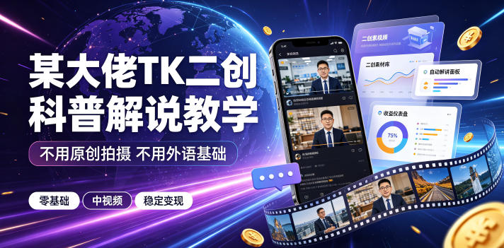 某大佬TK二创科普解说教学，不用原创拍摄不用外语基础，零基础做TikTok中视频稳定变现-985网创