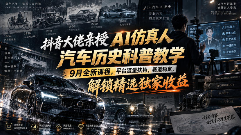 抖音大佬亲授AI仿真人汽车历史科普教学，9月全新课程，平台流量扶持，赛道稳定，解锁精选独家收益-985网创