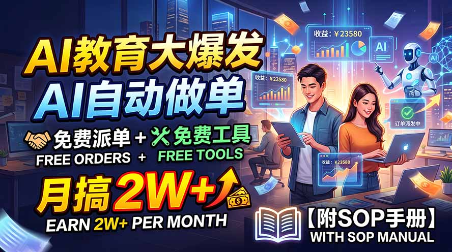 AI教育大爆发，AI自动做单，免费派单+免费工具，月搞2W+【附SOP手册】-985网创