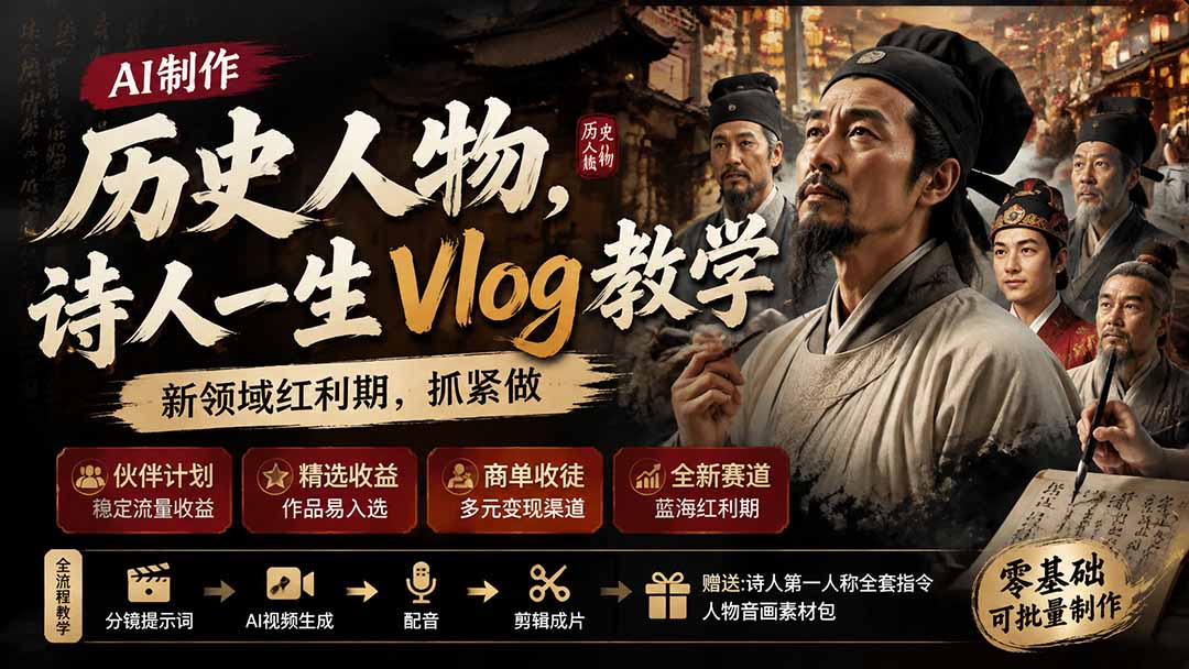 历史人物，诗人一生Vlog教学， AI制作丨伙伴计划丨精选收益丨商单收徒 ，新领域红利期，抓紧做-985网创