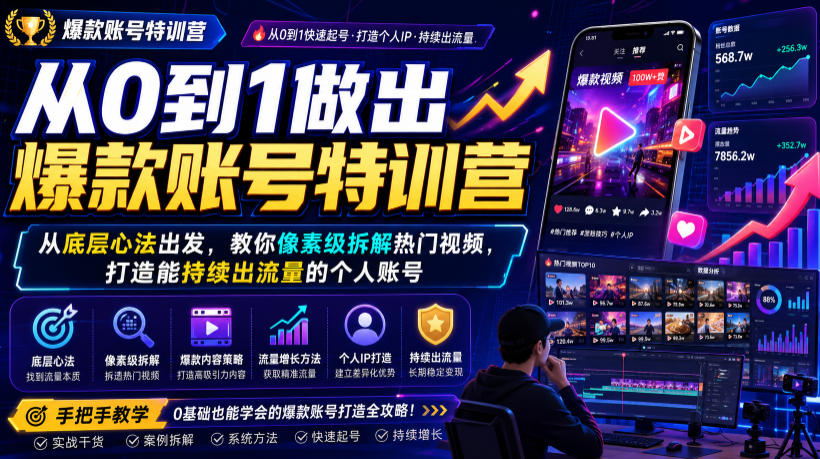 从0到1做出爆款账号特训营，从底层心法出发，教你像素级拆解热门视频，打造能持续出流量的个人账号-985网创