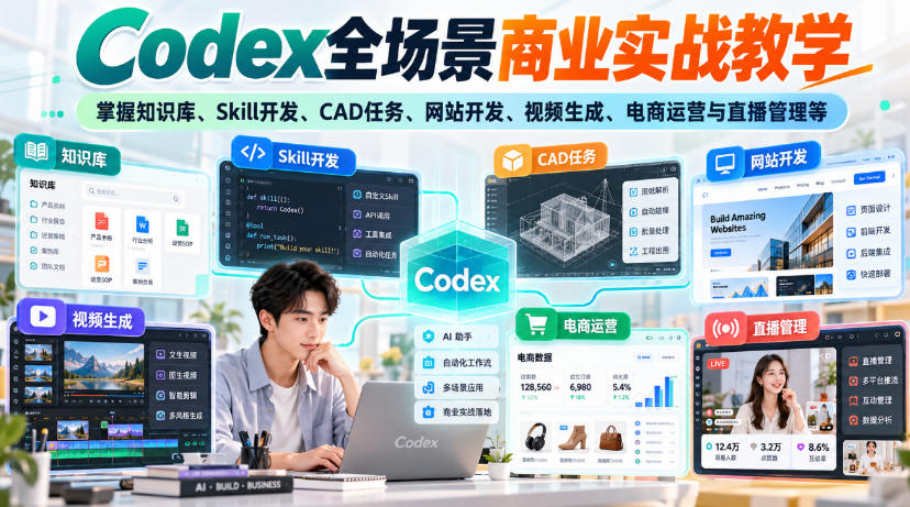 【无水印】Codex全场景商业实战教学，掌握知识库、Skill开发、CAD任务、网站开发、视频生成、电商运营与直播管理等-985网创
