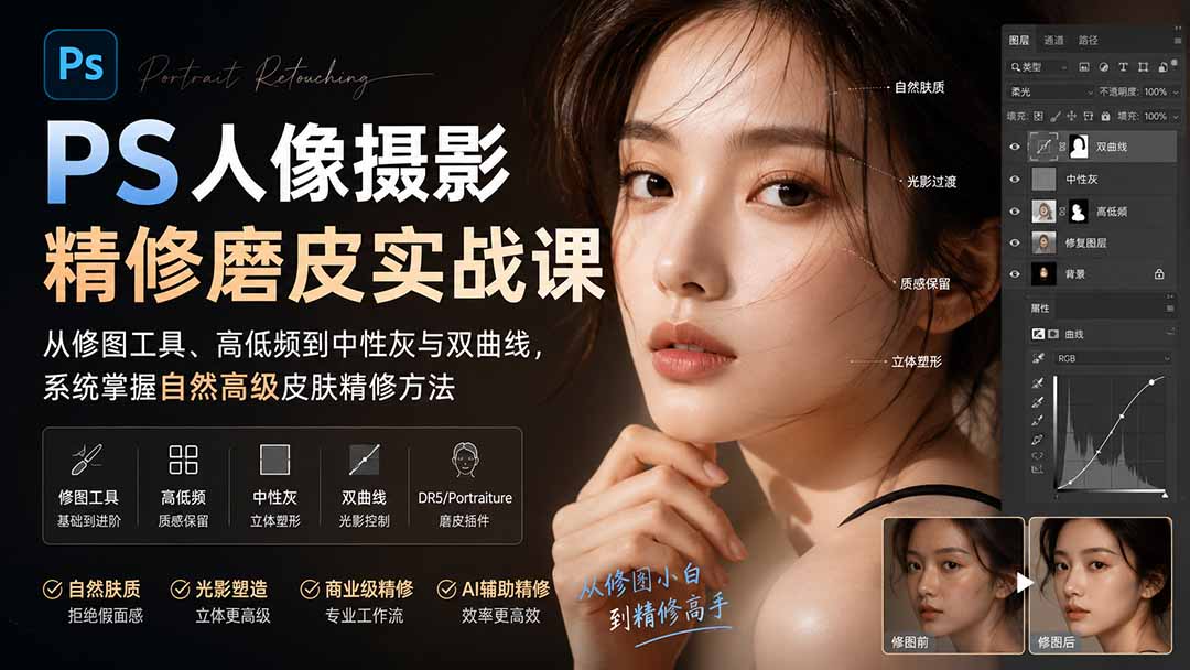 PS人像摄影精修磨皮实战课：从修图工具、高低频到中性灰与双曲线，系统掌握自然高级皮肤精修方法-985网创