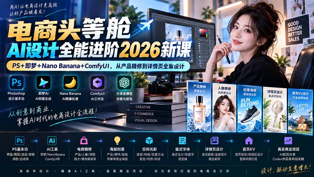 电商头等舱AI设计全能进阶2026新课：PS+即梦+Nano Banana+ComfyUI，从产品精修到详情页全案设计-985网创