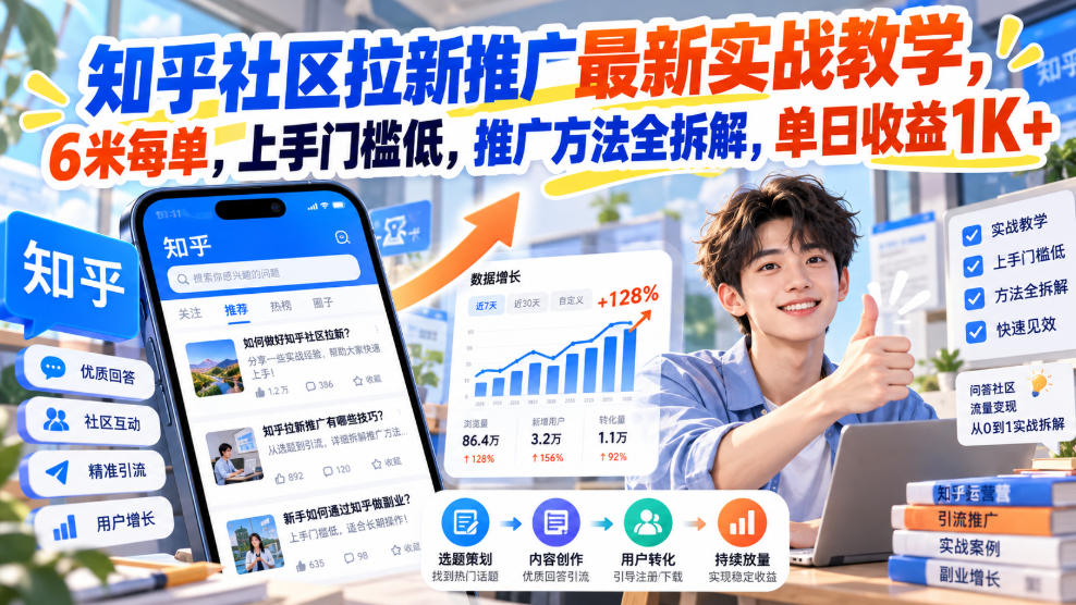 知乎社区拉新推广最新实战教学，6米每单，上手门槛低，推广方法全拆解，单日收益1K+！(更新1021)-985网创