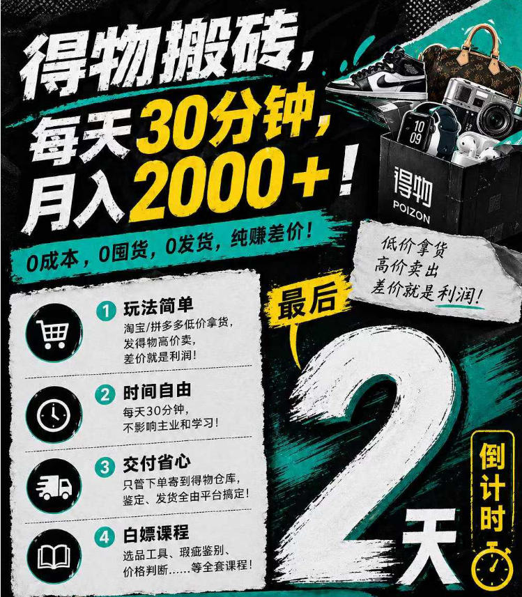 得物搬砖，0成本起步每天30分钟，月入2000+，0成本，0囤货，0发货，纯賺差价-985网创