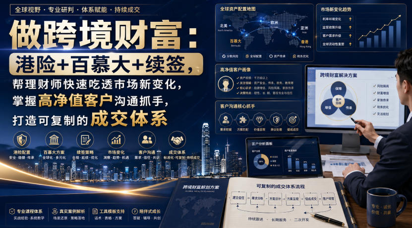 做跨境财富：港险+百慕大+续签，帮理财师快速吃透市场新变化，掌握高净值客户沟通抓手，打造可复制的成交体系-985网创