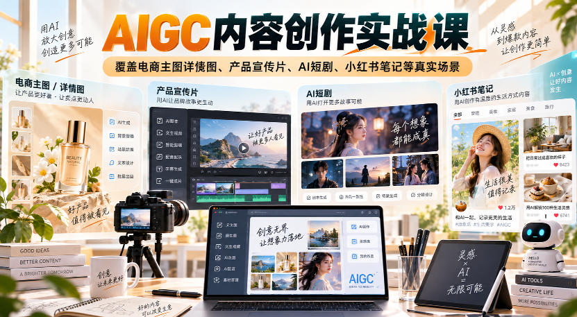 AIGC内容创作实战课，覆盖电商主图详情图、产品宣传片、AI短剧、小红书笔记等真实场景-985网创