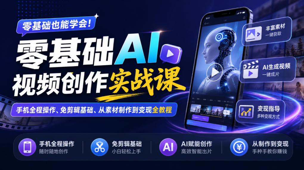 零基础AI视频创作实战课｜手机全程操作、免剪辑基础、从素材制作到变现全教程​-985网创
