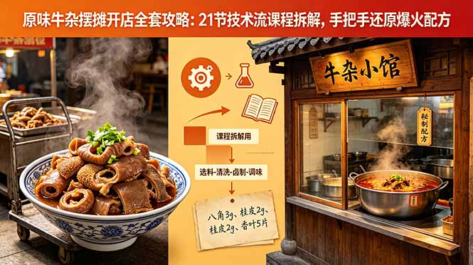 原味牛杂摆摊开店全套攻略：21节技术流课程拆解，手把手还原爆火配方-985网创