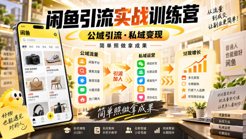 闲鱼引流实战训练营，公域引流·私域变现，简单照做拿成果-985网创