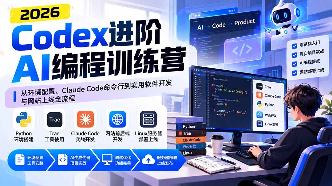 Codex进阶AI编程训练营：从环境配置、Claude Code命令行到实用软件开发与网站上线全流程-985网创