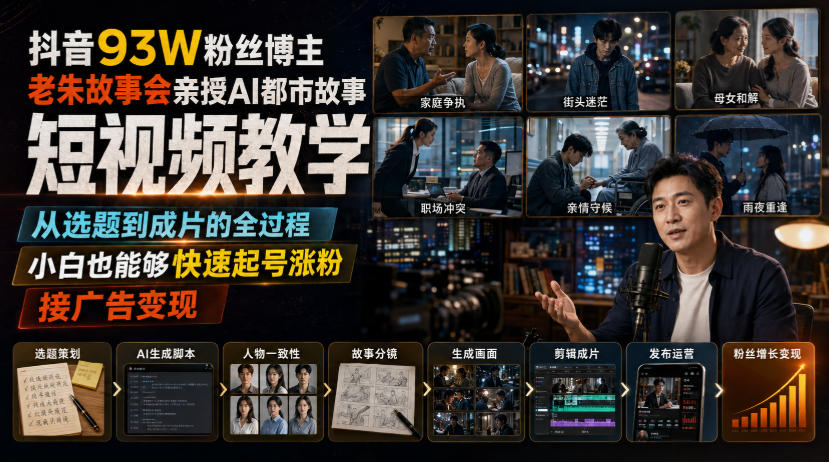 抖音93W粉丝博主老朱故事会亲授AI都市故事短视频教学，从选题到成片的全过程，小白也能够快速起号涨粉接广告变现-985网创