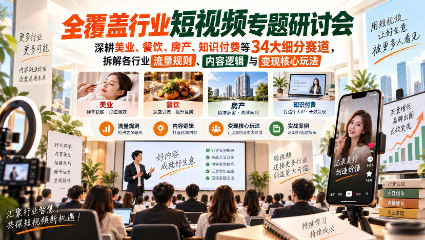 短视频专题研讨会，深耕美业、餐饮、房产、知识付费等34大细分赛道，拆解各行业流量规则、内容逻辑与变现核心玩法(更新1011)-985网创