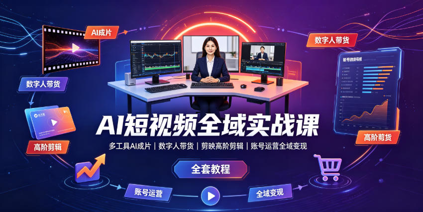 AI短视频全域实战课｜多工具AI成片、数字人带货、剪映高阶剪辑、账号运营全域变现全套教程-985网创