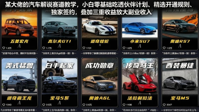 某大佬的汽车解说赛道教学，小白零基础吃透伙伴计划、精选开通规则、独家签约，叠加三重收益放大副业收入-985网创