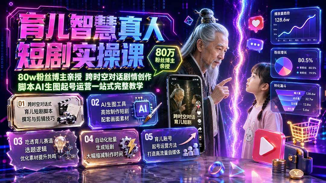 （19663期）育儿智慧真人短剧实操课｜80w粉丝博主亲授，跨时空对话剧情创作，脚本AI生图起号运营一站式完整教学-985网创