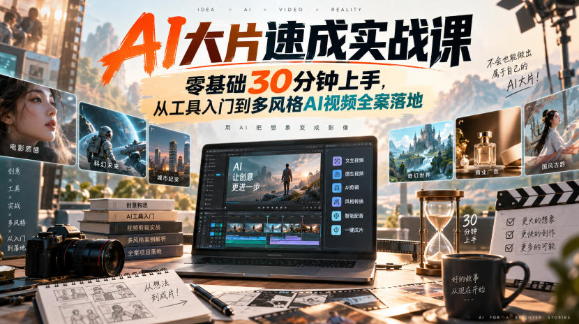 AI大片速成实战课｜零基础30分钟上手，从工具入门到多风格AI视频全案落地​-985网创