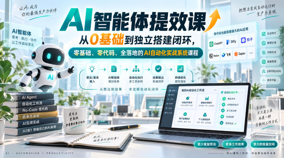 AI智能体提效课，从0基础到独立搭建闭环，零基础、零代码、全落地的AI自动化实战系统课程-985网创