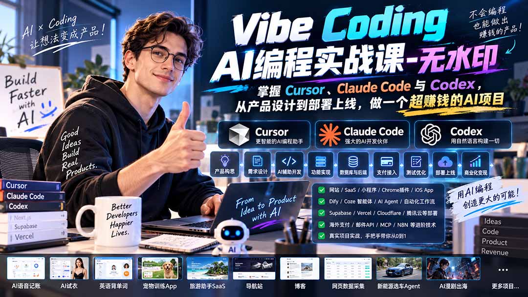 Vibe Coding AI编程实战课-无水印：掌握Cursor、Claude Code与Codex，从产品设计到部署上线，做一个超赚钱的AI项目-985网创