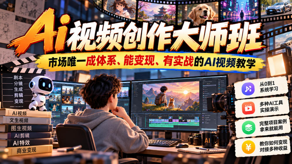 Ai视频创作大师班，市场唯一成体系、能变现、有实战的AI视频教学(更新2026)-985网创