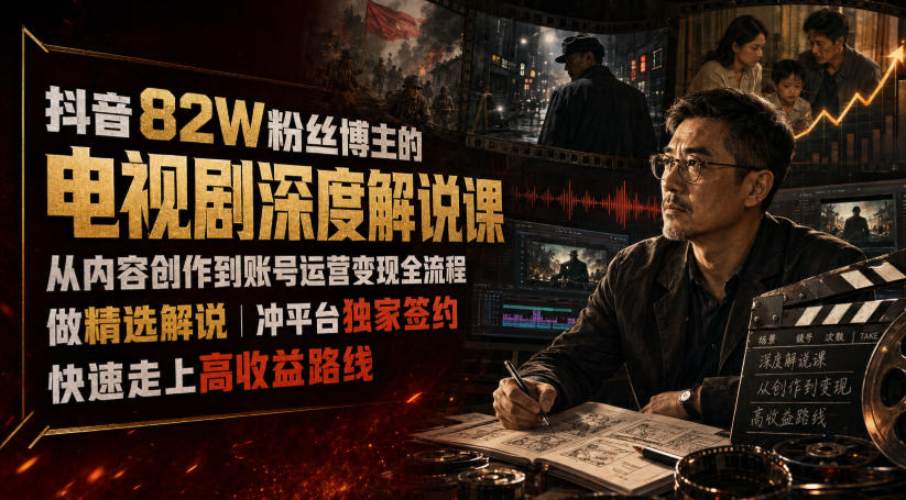 抖音82W粉丝博主的电视剧深度解说课，从内容创作到账号运营变现全流程，做精选解说，冲平台独家签约，快速走上高收益路线-985网创
