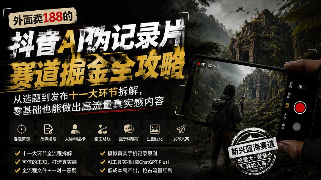 外面卖188的抖音AI伪记录片赛道掘金全攻略；从选题到发布十一大环节拆解，零基础也能做出高流量真实感内容-985网创