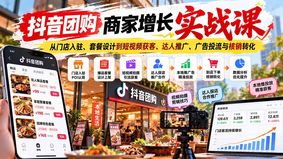 抖音团购商家增长实战课：从门店入驻、套餐设计到短视频获客、达人推广、广告投流与核销转化-985网创