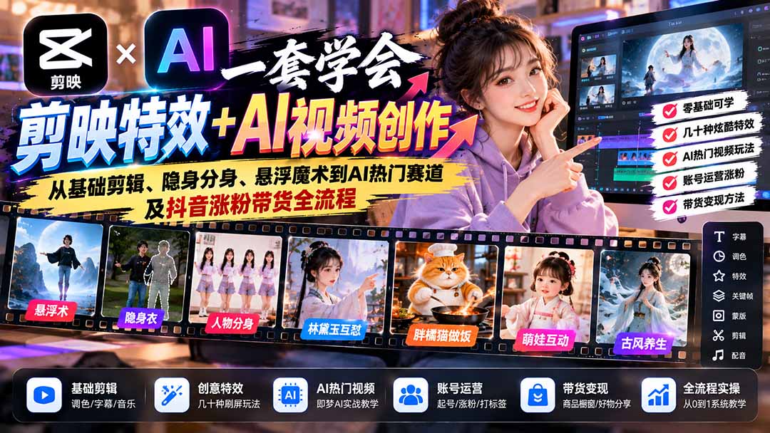 一套学会剪映特效+AI视频创作：从基础剪辑、隐身分身、悬浮魔术到AI热门赛道及抖音涨粉带货全流程-985网创