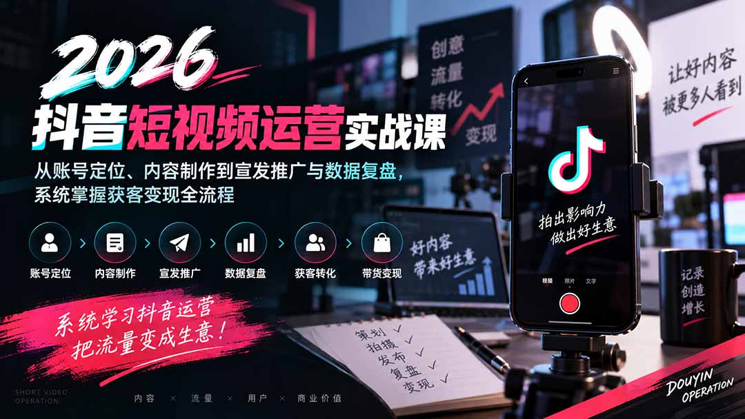 2026抖音短视频运营实战课：从账号定位、内容制作到宣发推广与数据复盘，系统掌握获客变现全流程-985网创