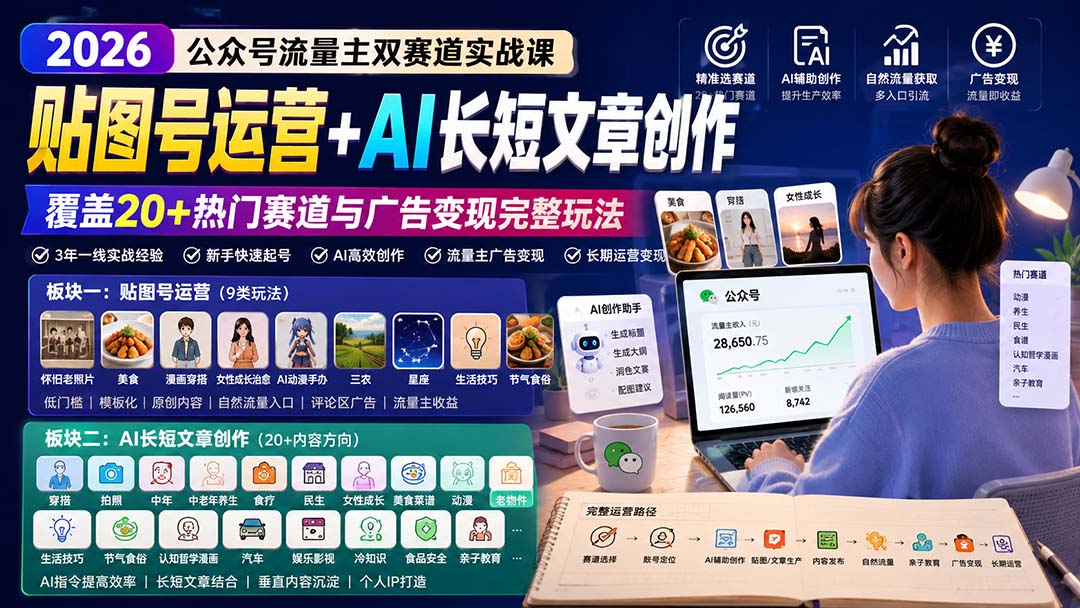 公众号流量主双赛道实战课：贴图号运营+AI长短文章创作，覆盖20+热门赛道与广告变现完整玩法-985网创