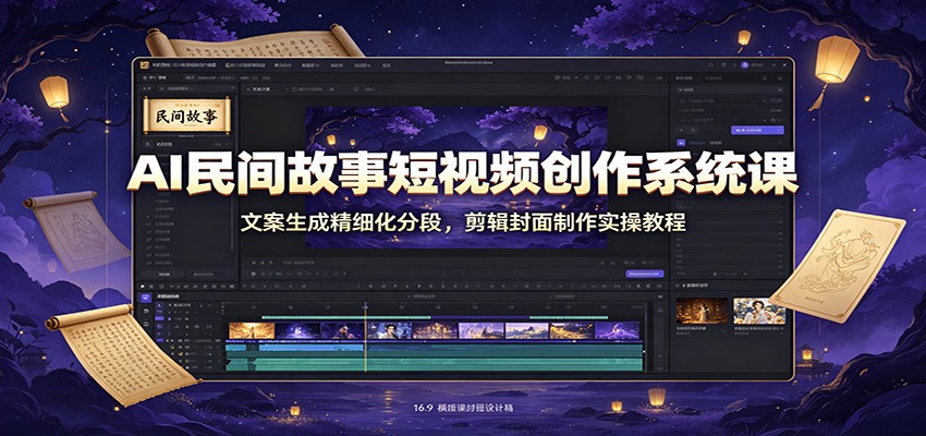 AI民间故事短视频创作系统课：文案生成精细化分段，剪辑封面制作实操教程-985网创