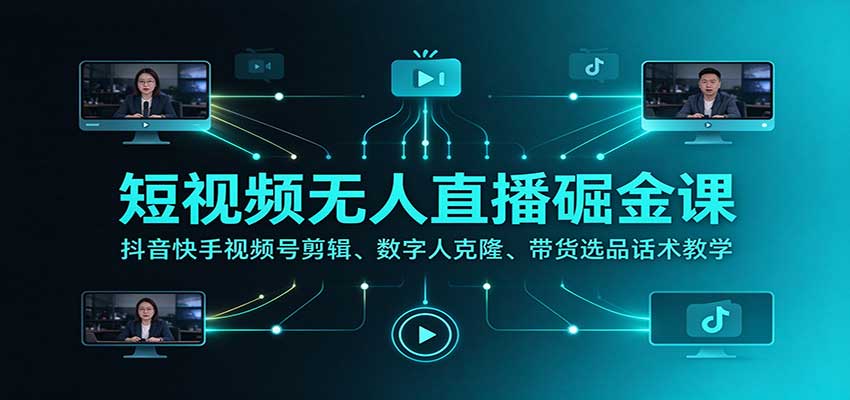 短视频无人直播掘金课：抖音快手视频号剪辑、数字人克隆、带货选品话术教学-985网创